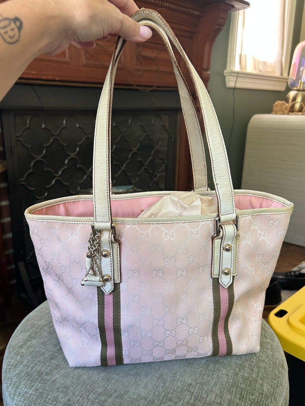 Gucci Jolicoeur Pink Canvas Tote Bag with medium charms